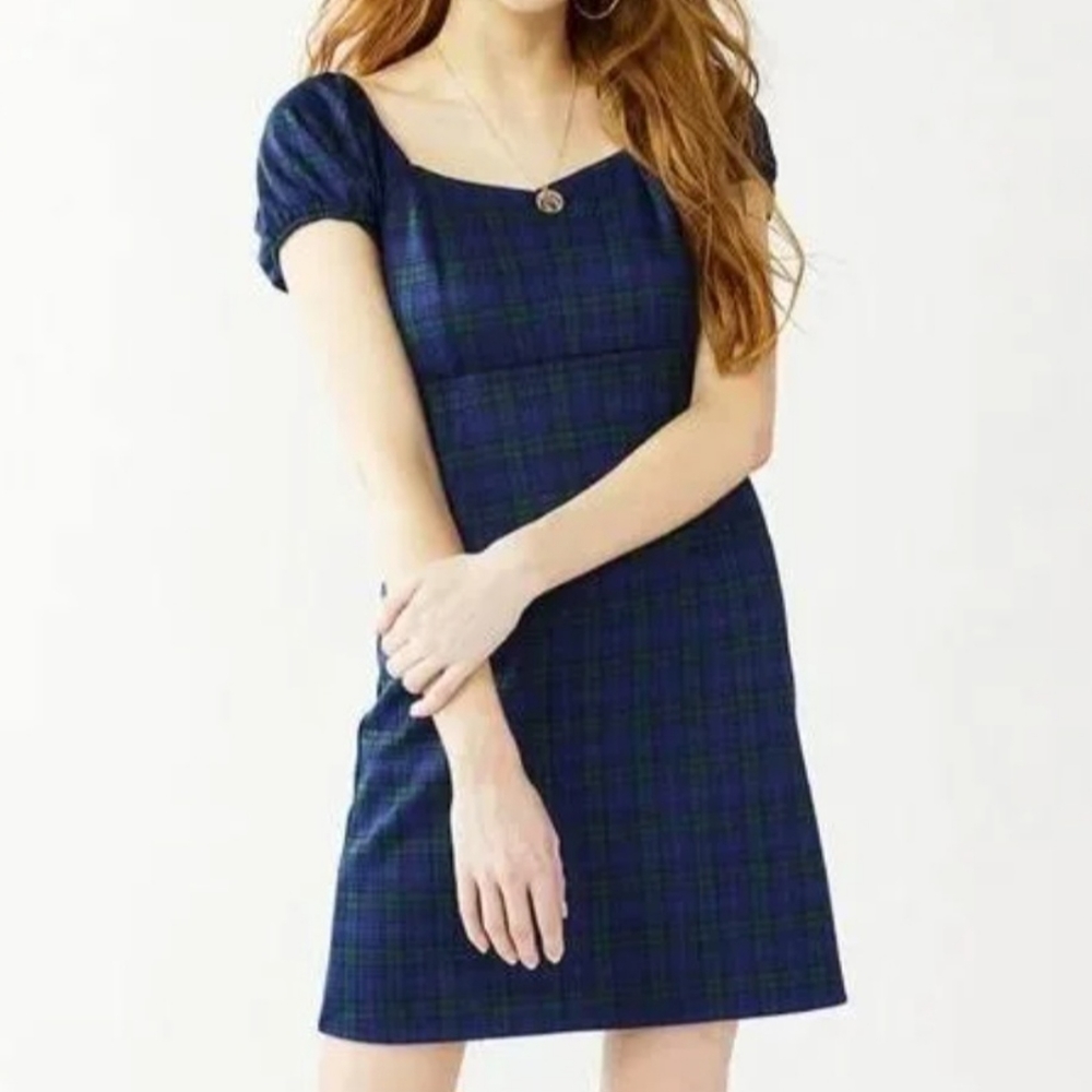 So Brand Kohl's Peasant Pinafore Mini Dress Green & Navy Blue Plaid. Junior XL